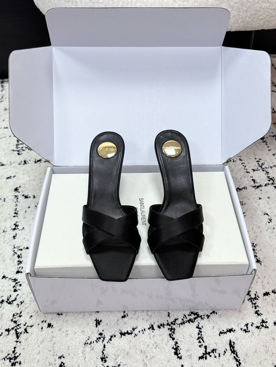 Yves Saint Laurent Satin Cross Strap High Heel Mule Slides