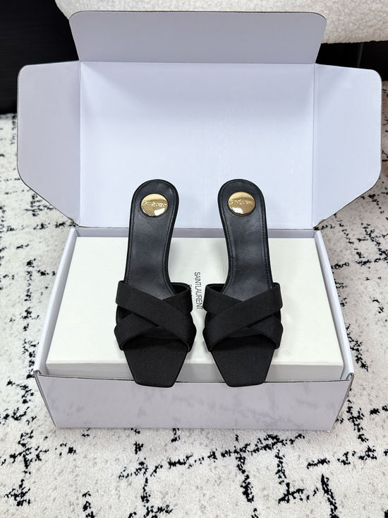 Yves Saint Laurent Satin Cross Strap High Heel Mule Slides