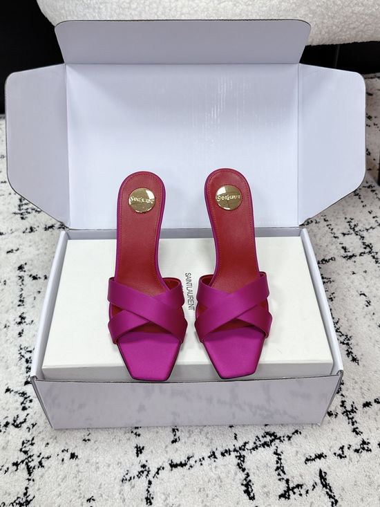 Yves Saint Laurent Satin Cross Strap High Heel Mule Slides