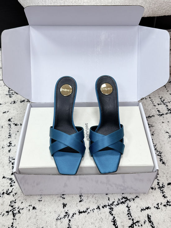 Yves Saint Laurent Satin Cross Strap High Heel Mule Slides