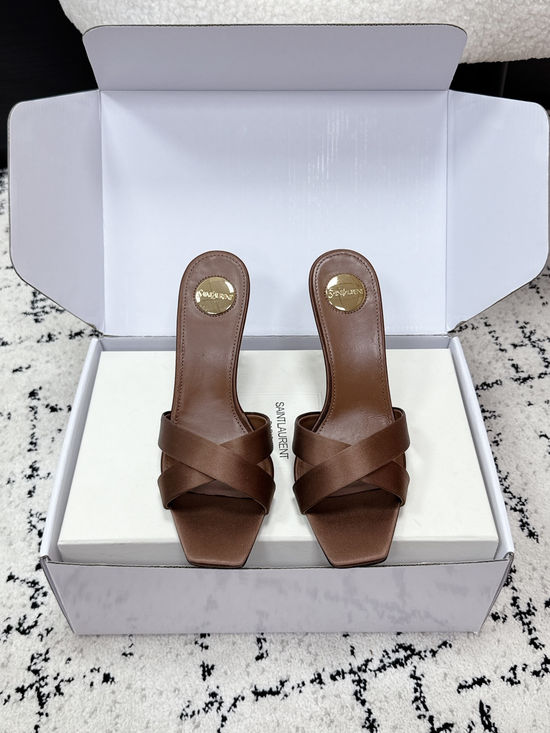Yves Saint Laurent Satin Cross Strap High Heel Mule Slides