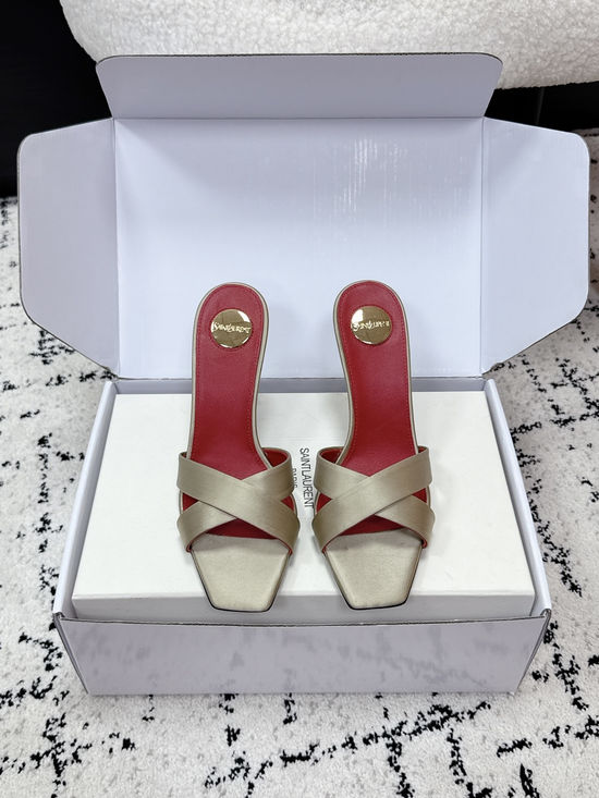 Yves Saint Laurent Satin Cross Strap High Heel Mule Slides