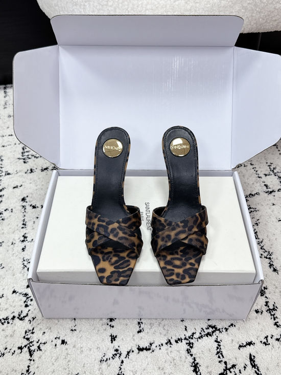 Yves Saint Laurent Satin Cross Strap High Heel Mule Slides