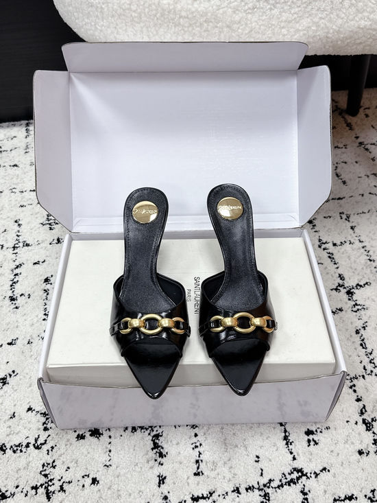 Yves Saint Laurent Pointed Toe Chain Stiletto Heel Slides
