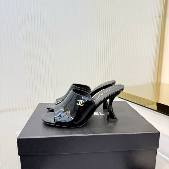 Chanel Classic Logo Decor Sheepskin High Heel Slide Slippers