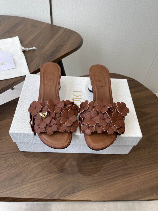 Christian Dior Floral Decor Flat Sandals Genuine Leather Lining Durable Outsole