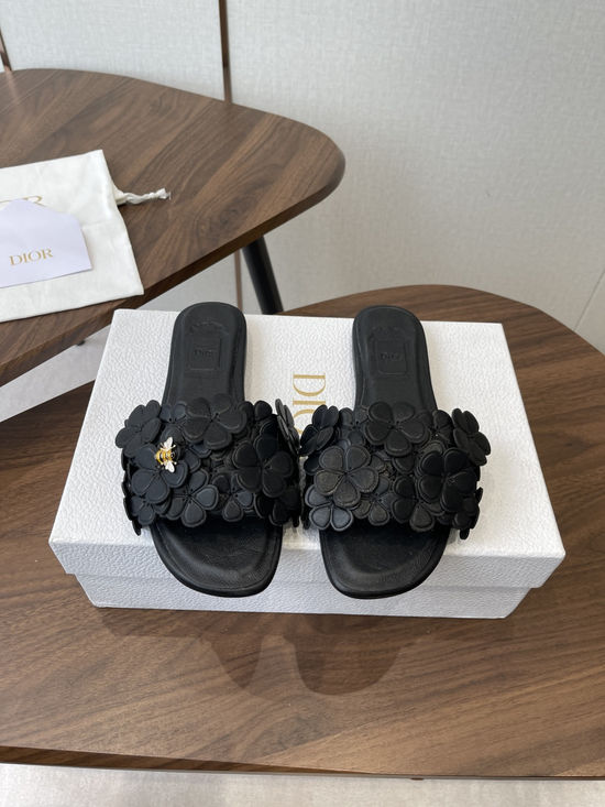 Christian Dior Floral Decor Flat Sandals Genuine Leather Lining Durable Outsole