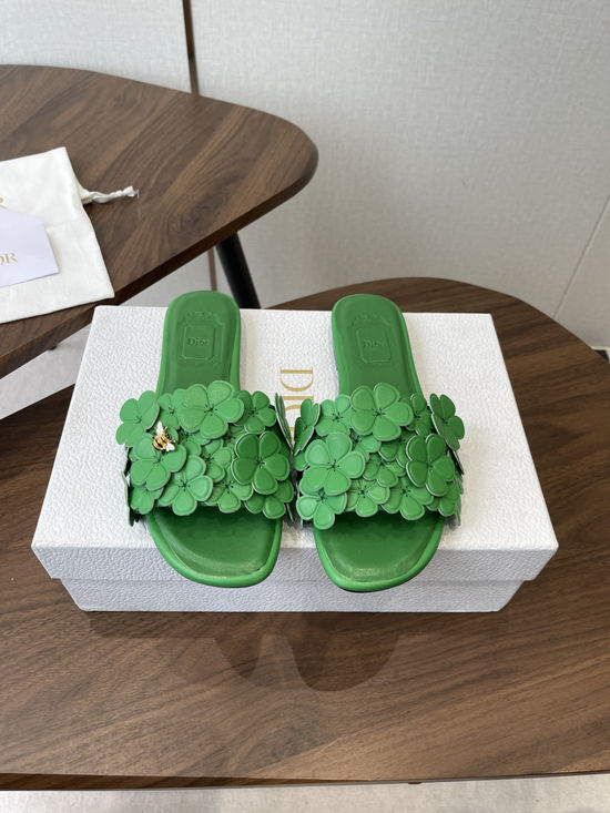 Christian Dior Floral Decor Flat Sandals Genuine Leather Lining Durable Outsole