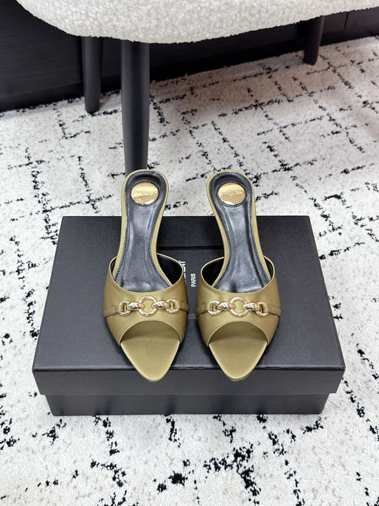 Yves Saint Laurent Chain Decor Pointed Toe Stiletto Heel Mules Leather Sole