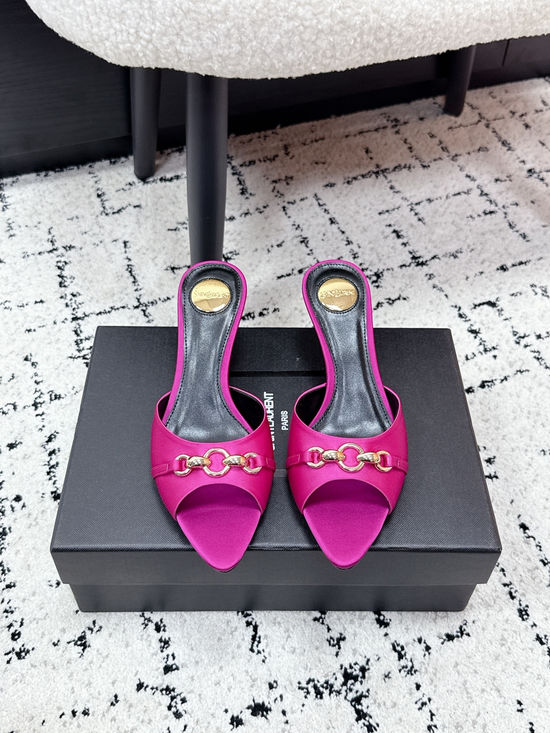 Yves Saint Laurent Chain Decor Pointed Toe Stiletto Heel Mules Leather Sole