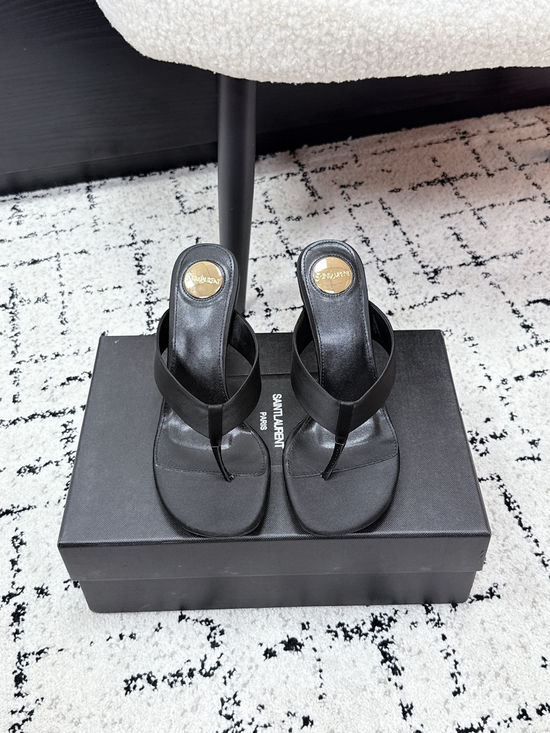 Yves Saint Laurent High Heel Silk Upper Thong Sandals With Leather Sole