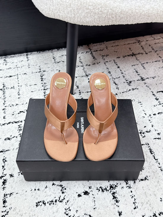 Yves Saint Laurent High Heel Silk Upper Thong Sandals With Leather Sole