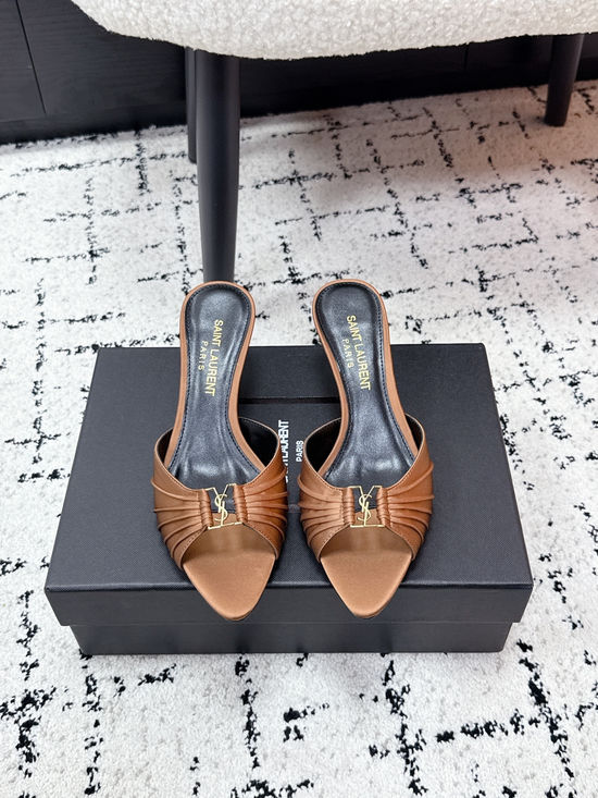 Yves Saint Laurent Ruched Pointed Toe Stiletto Heel Mules Leather Lined