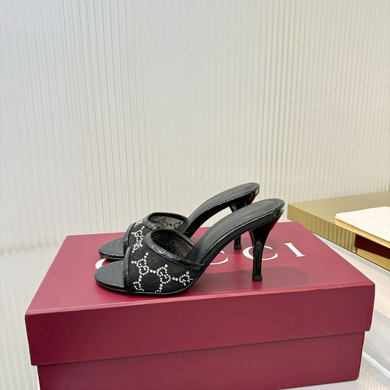 Gucci Mesh Crystal Embellished Stiletto Heel Slide Sandals