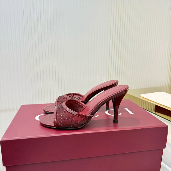 Gucci Mesh Crystal Embellished Stiletto Heel Slide Sandals