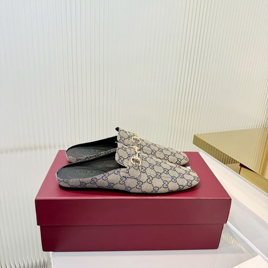 Gucci Classic Buckle Decor Canvas Mules Soft Lining Comfortable Casual Flat Shoes