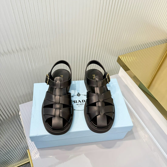 Prada Retro Woven Roman Sandals Adjustable Strap Non Slip Thick Sole Footwear