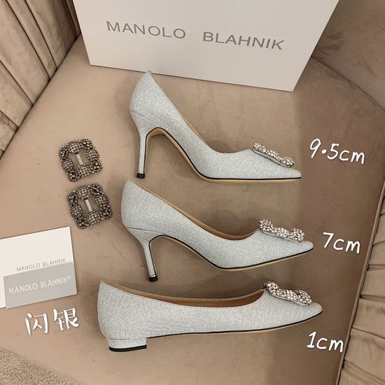 Manolo Blahnik Rhinestone Buckle Silk Upper Pointed Toe Pumps