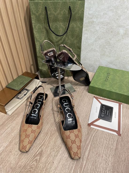 Gucci Monogram Jacquard Kitten Heel Slingback Shoes with Sheepskin Lining