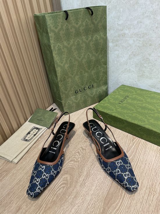 Gucci Denim Rhinestone Lace Low Heel Pumps