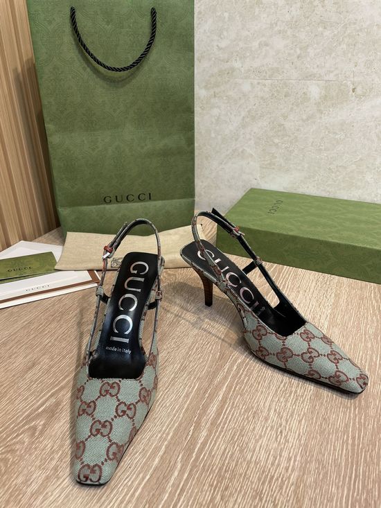 Gucci Premium Jacquard Slingback Heels with Metal Buckle Detail