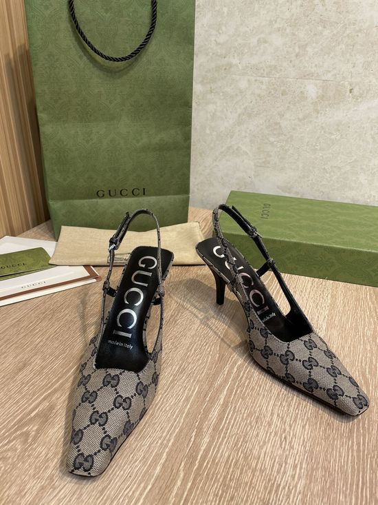Gucci Premium Jacquard Slingback Heels with Metal Buckle Detail