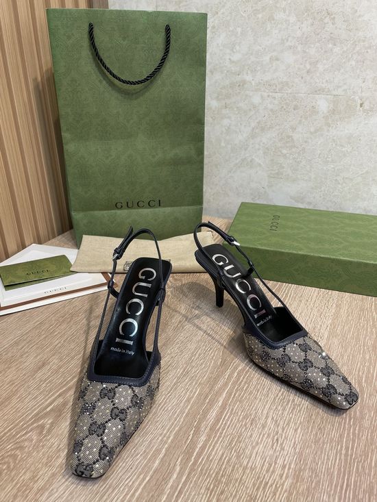 Gucci Crystal Monogram Kitten Heel Pumps With Leather Details