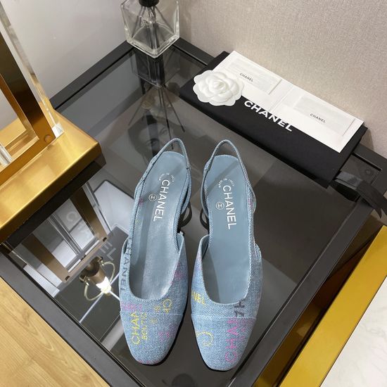 Chanel Classic Two-tone Denim Printed Slingback Sandals Comfy