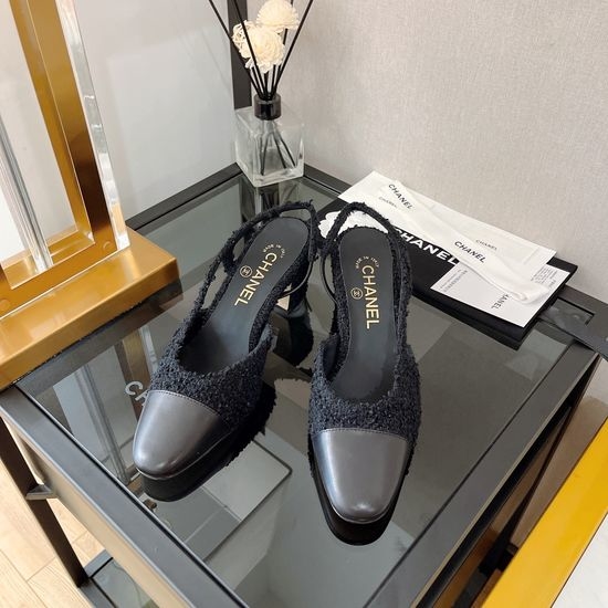Chanel Classic Two Tone Woolen Slingback Sandals Genuine Leather Sole