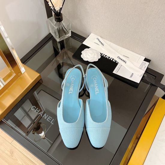 Chanel Classic Two Tone Denim Slingback Sandals Genuine Leather Sole