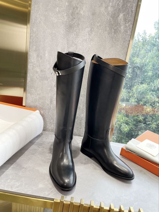 Hermes Premium Cowhide Classic Knee High Boots Comfortable Lining