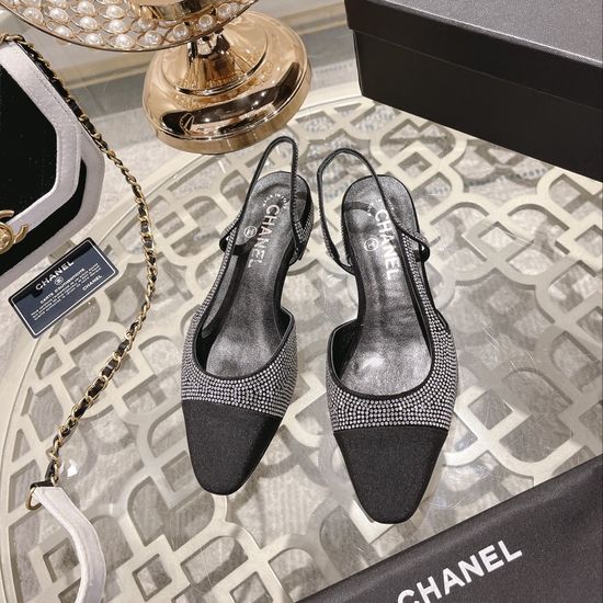 Chanel Rhinestone Low Heel Open Back Suede Sandals