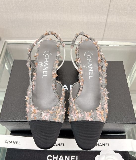 Chanel Classic Two Tone Woolen Slingback Sandals Genuine Leather Sole
