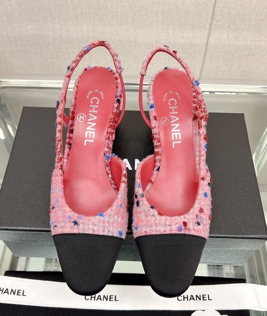 Chanel Classic Two Tone Woolen Slingback Sandals Genuine Leather Sole