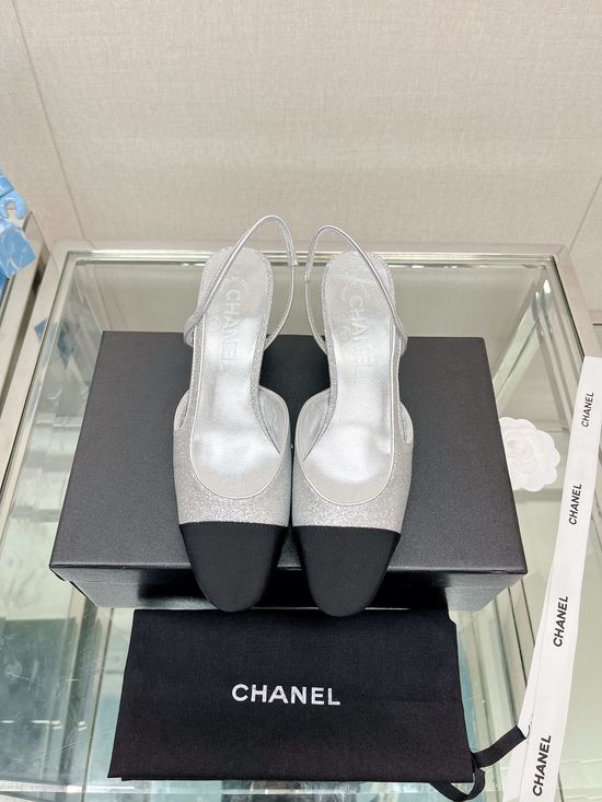 Chanel Classic Two Tone Glitter Slingback Sandals Genuine Leather Sole
