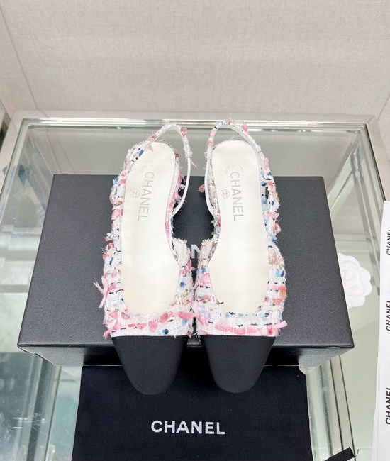 Chanel Classic Two-tone Tweed Slingback Sandals Flat Low Heel
