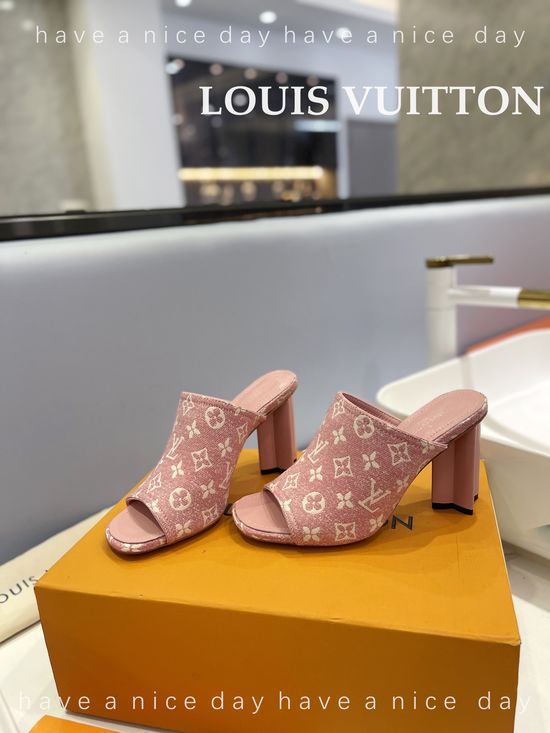 Louis Vuitton Peep Toe Slip On Genuine Leather Heeled Mules