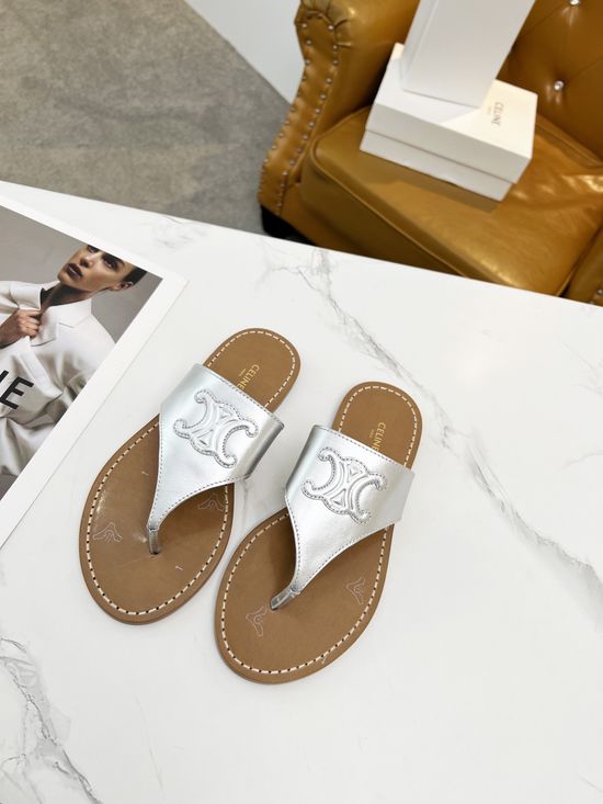 Celine Cowhide Embossed Logo Stylish Toe-Post Sandals