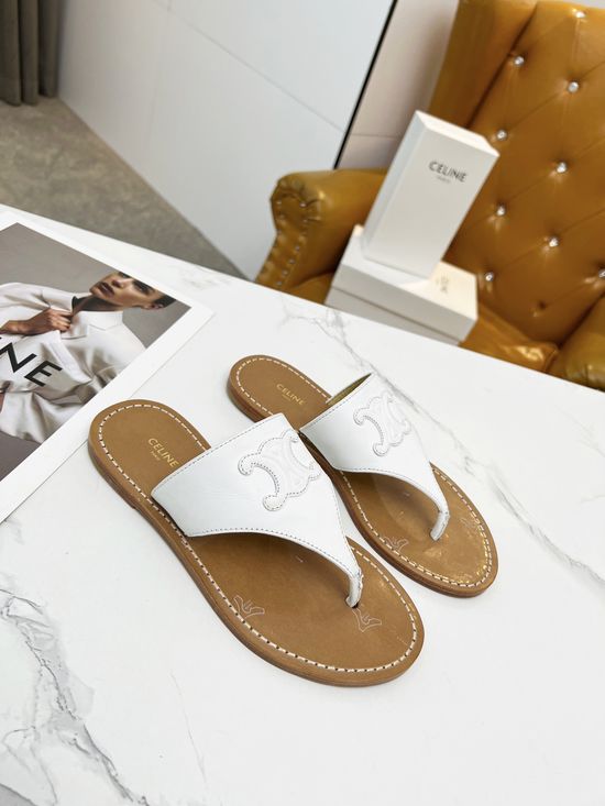 Celine Cowhide Embossed Logo Stylish Toe-Post Sandals