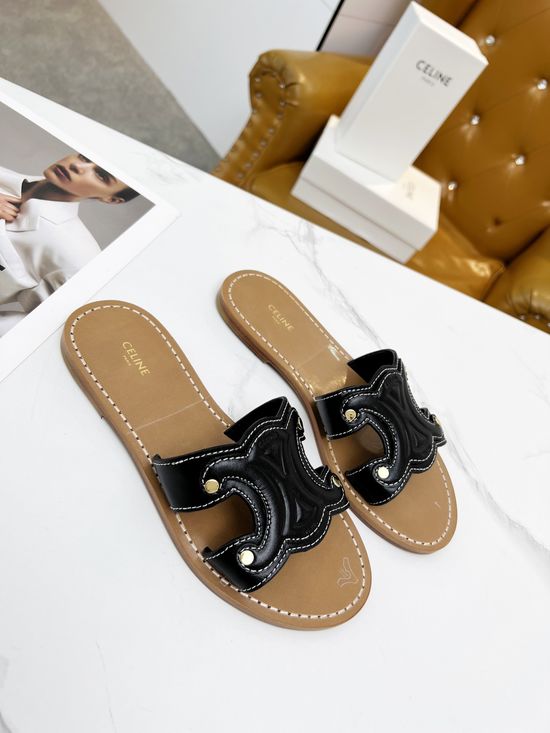 Celine Cowhide Embossed Logo Comfortable Half Slippers