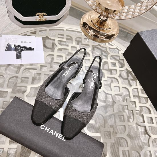 Chanel Glitter Low Block Heel Cutout Side Sandals
