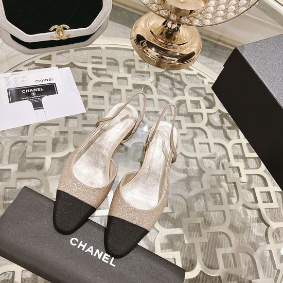 Chanel Glitter Low Block Heel Cutout Side Sandals