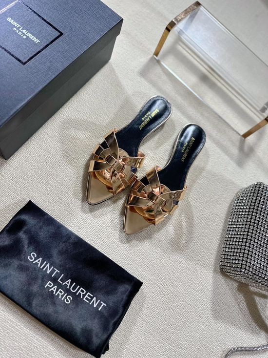 Yves Saint Laurent Pointed Toe Flat Leather Slides Genuine Leather Outsole