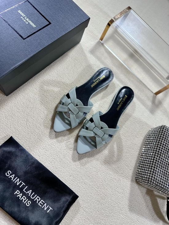 Yves Saint Laurent Pointed Toe Flat Leather Slides Genuine Leather Outsole