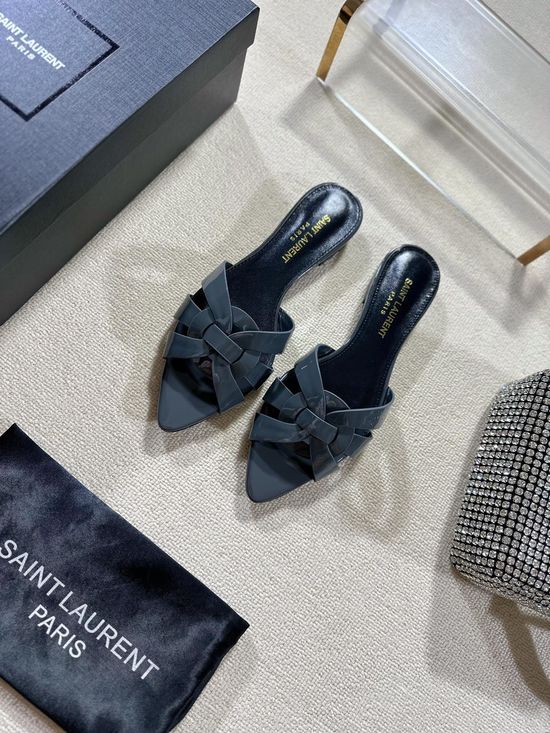 Yves Saint Laurent Pointed Toe Flat Leather Slides Genuine Leather Outsole