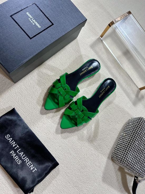 Yves Saint Laurent Pointed Toe Flat Leather Slides Genuine Leather Outsole