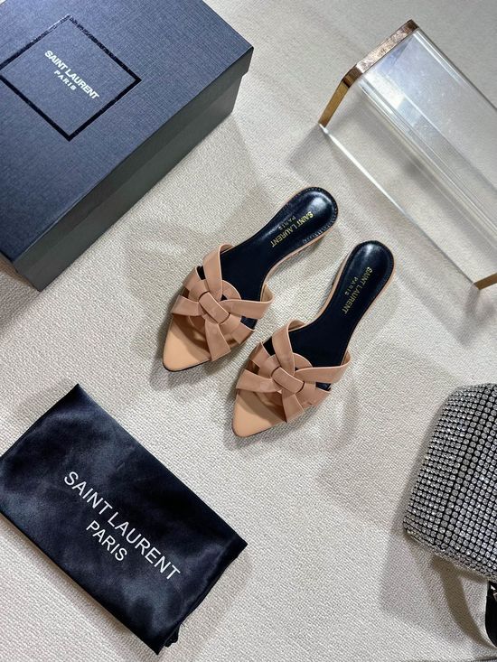 Yves Saint Laurent Pointed Toe Flat Leather Slides Genuine Leather Outsole
