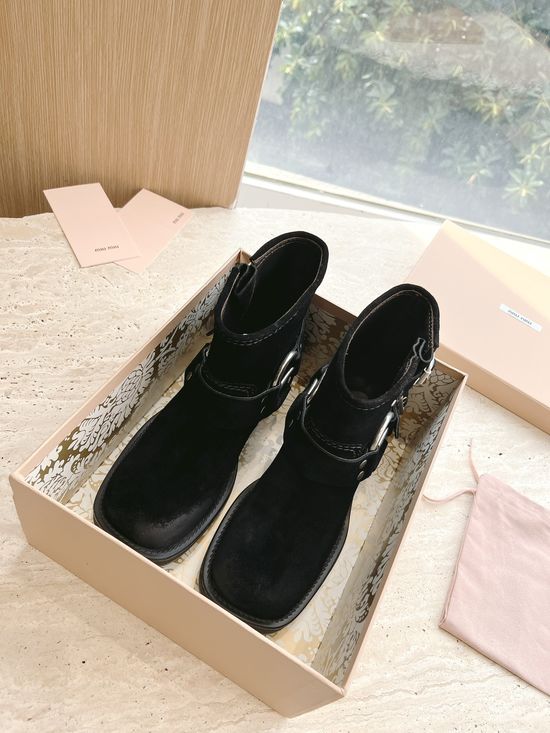 Miu Miu Vintage Western Style Buckle Leather Ankle Boots
