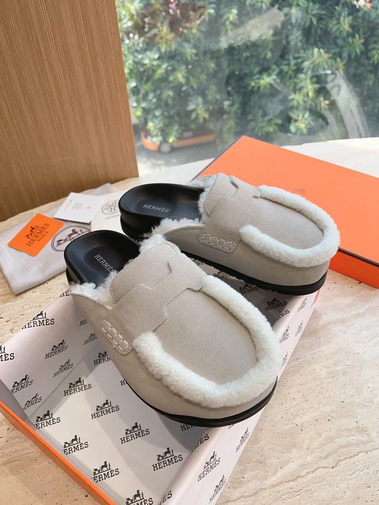 Hermes Suede Curly Fleece Lined Platform Slip-on Mules