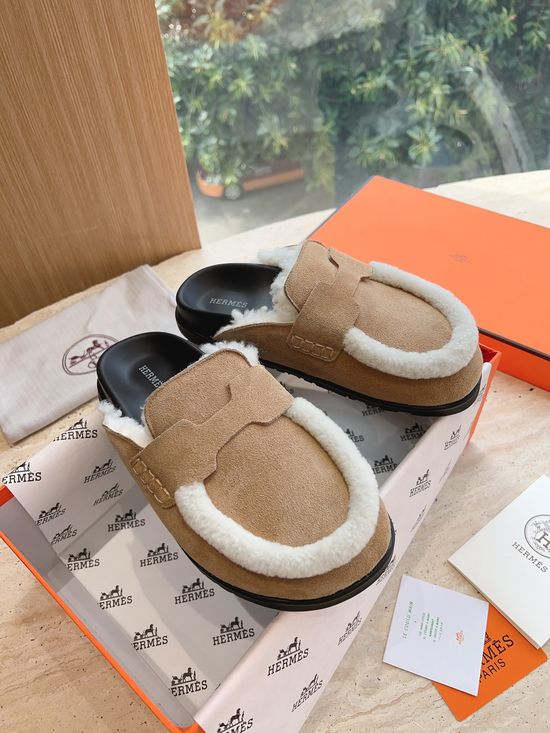 Hermes Suede Curly Fleece Lined Platform Slip-on Mules